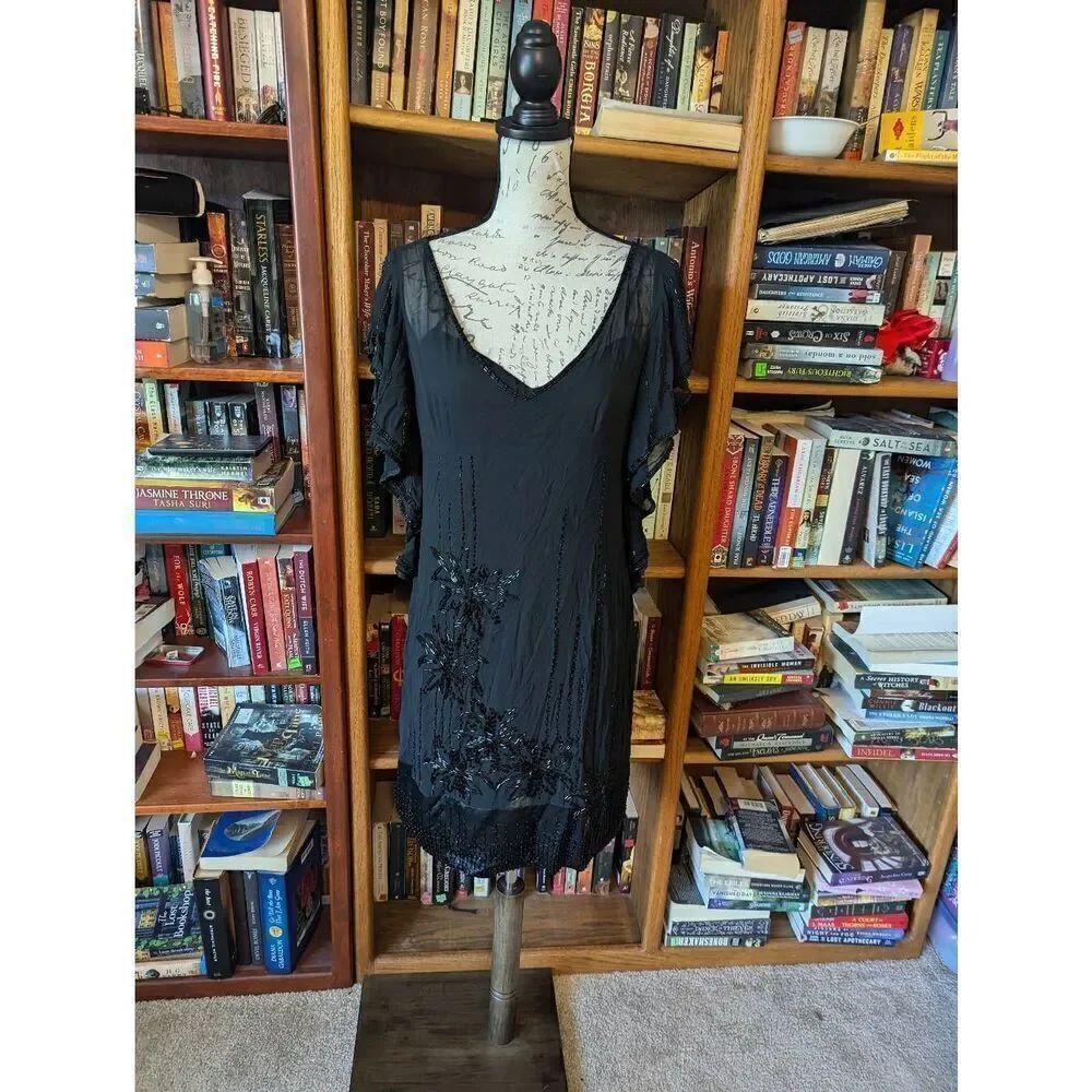 VTG Karen Millen 20s style 8 Black  Silk Eveningwear Dress Beaded Embellished